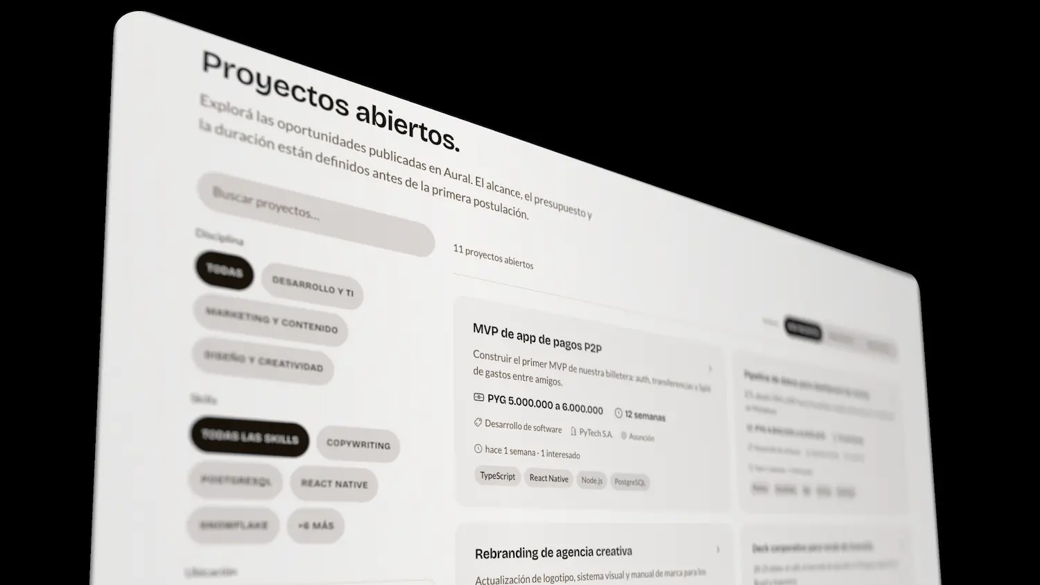 Vista del listado de proyectos abiertos de Aural.